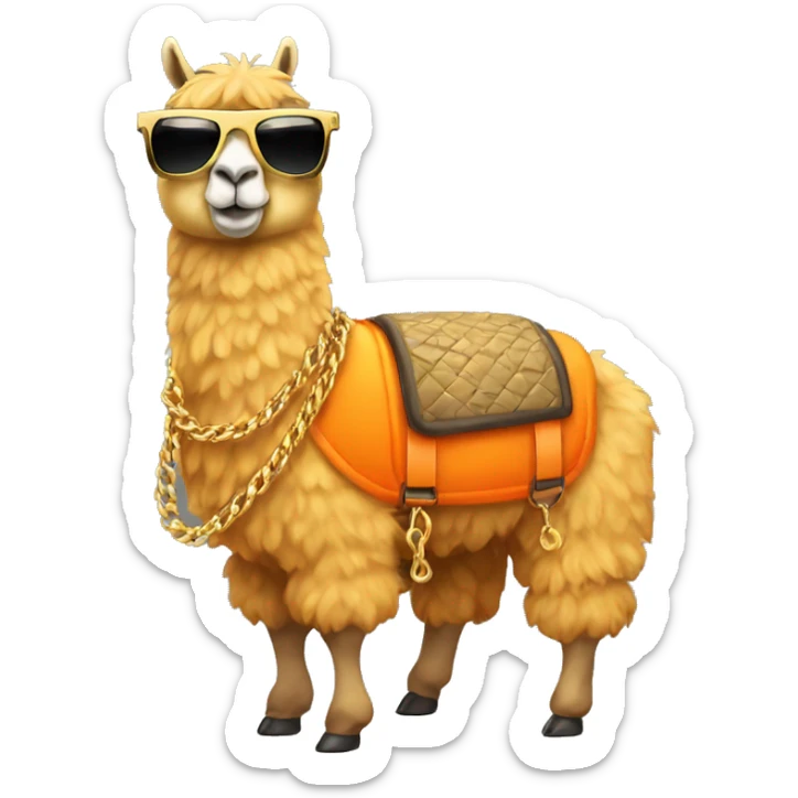 llama wearing an orange puffer vest and sun glasses full body gold chain sticker