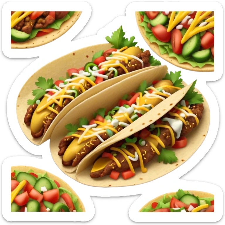 Cinematic vibrant tacos, warm soft shells filled with flavorful meats, fresh vegetables, cheese, and zesty salsa, colorful and lively, ultra-detailed and appetizing. sticker