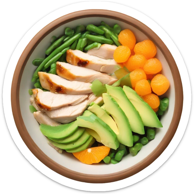 Poke bowl with chicken, avocados, mandarins, cucumbers and green beans; side view sticker