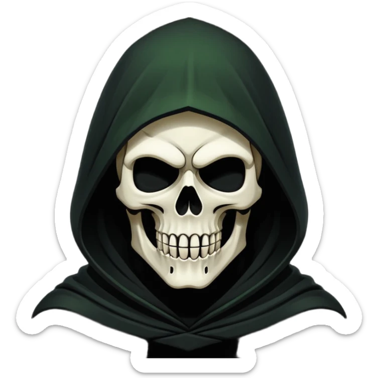 Icon of the Grim Reaper's face. His skull is stylized, his hood is tattered. He is [например: winking with a sly grin]. Clean, flat vector art, high contrast. Stylized as a modern logo or a medieval woodcut. Strictly black and white with one accent color like dark moss green or deep crimson.  sticker