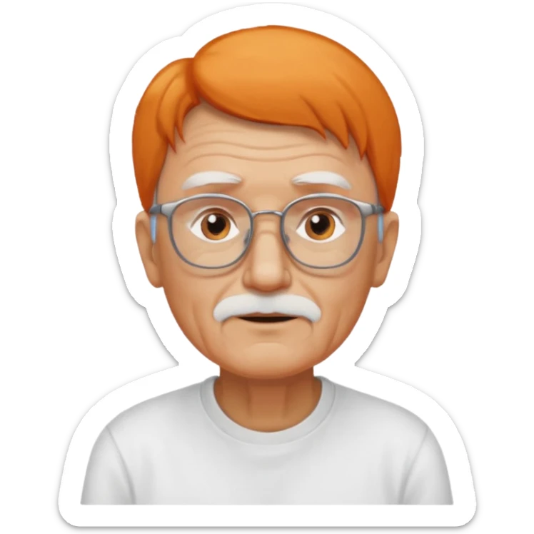 old man, orange straight hair, no mustache, wearing glasses, long face, wearing a white t-shirt sticker