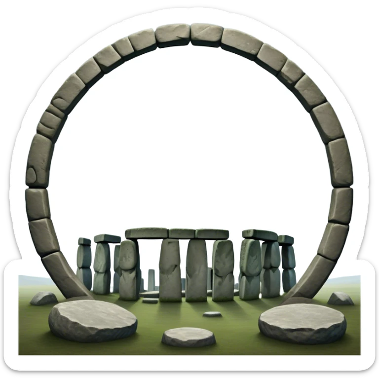 Cinematic Realistic Stonehenge Landscape Emoji, depicted with ancient, mysterious stone circles set against a moody sky, rendered with atmospheric lighting and detailed textures that evoke its prehistoric allure. sticker