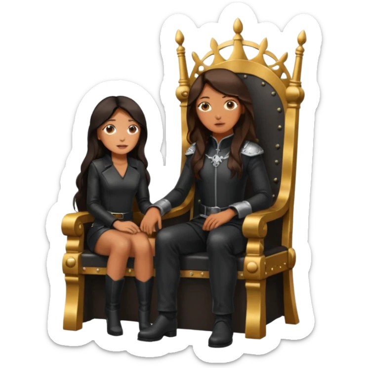Tan skin with freckles, long dark hair, hazel eyes Dominatrix sitting on a throne. Man worshipping at her feet.  sticker