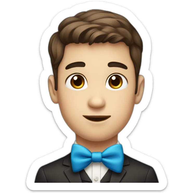 A young male tennager with big cheeks with a beauty spot on chin with a round face and very short brown hair and a mole on chin wearing a blue bow tie sticker