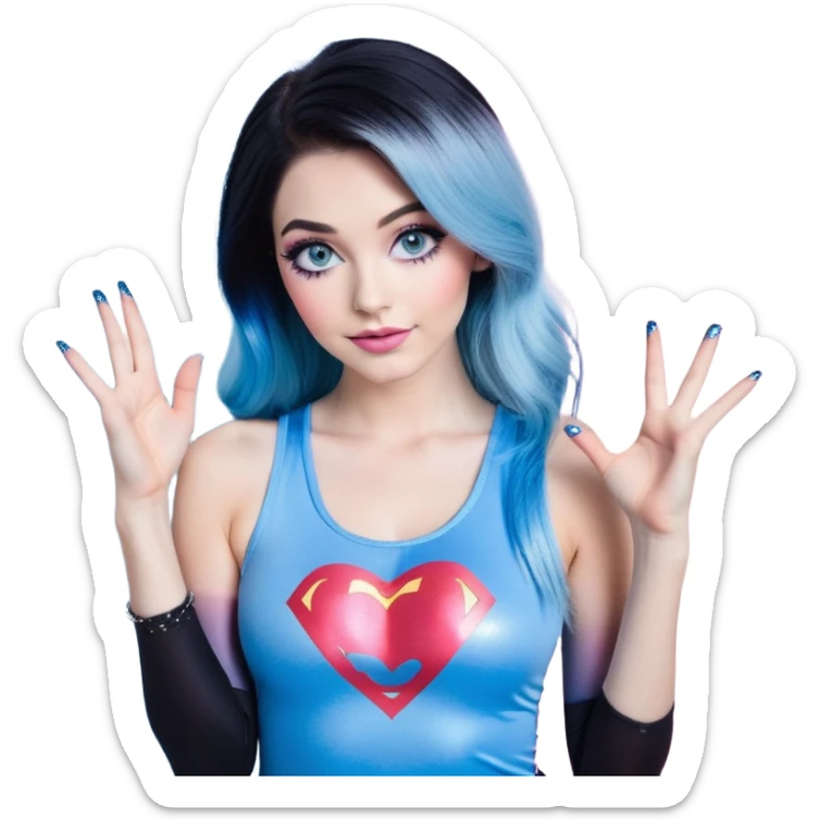 Tall-very large chest-hand heart emoji-long legs-model beautiful face-black leggings-hands making heart emoji-light-pink-lips-very long-very-straight-dark-blue-ombre-hair-and-blue-eyes-thick-black-eyeliner-thick-long-eyelashes-sky blue with glitter superman low cut tank top-silver-hoop-earrings sticker