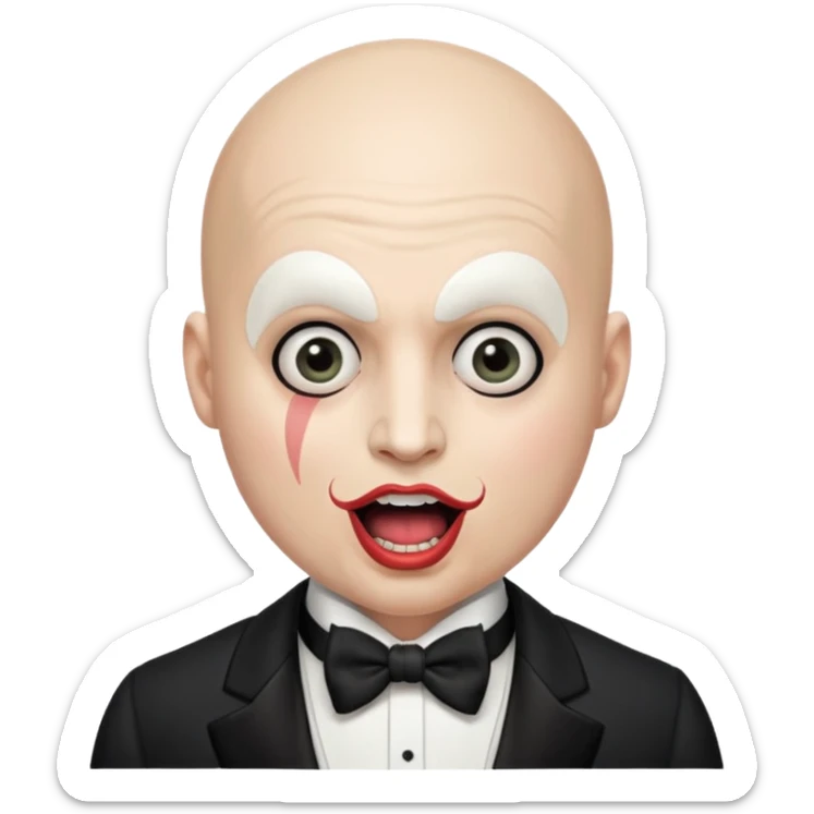 a bald cabaret actor with a white-painted face and heavily made-up eyes and mouth, a huge, wide-open mouth, and a startled look sticker