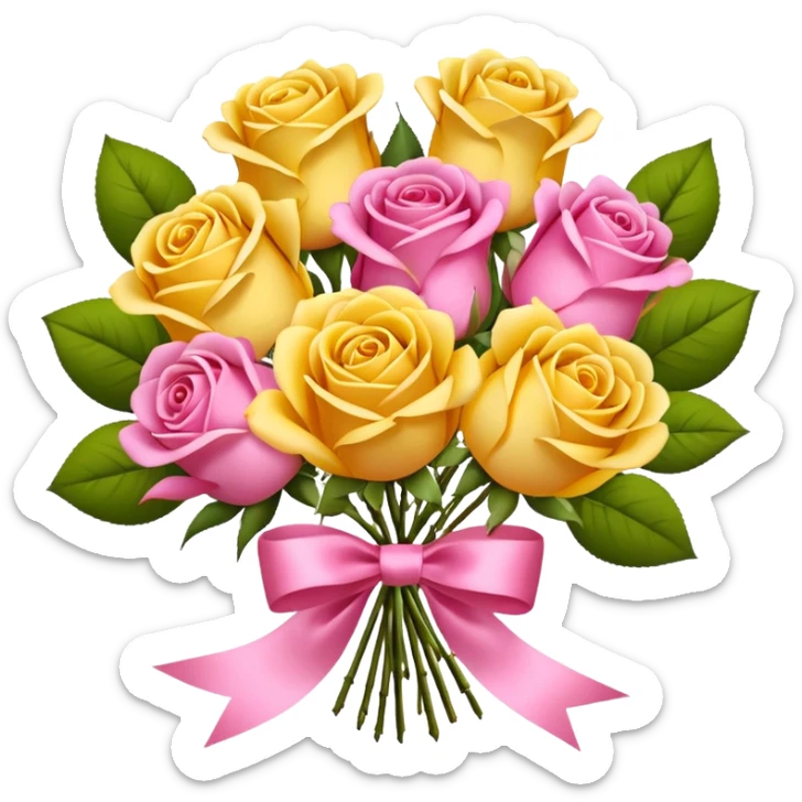 A bouquet of flowers, composed of pink and yellow roses, four blooms in total, tied with ribbon. sticker