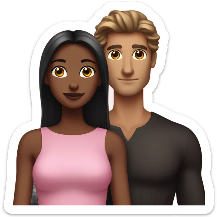 A handsome pale Greek god man who has long brown hair and tanned skin with a pretty black skinny tall model woman who has long black hair and she is wearing a pink dress and they are a couple sticker