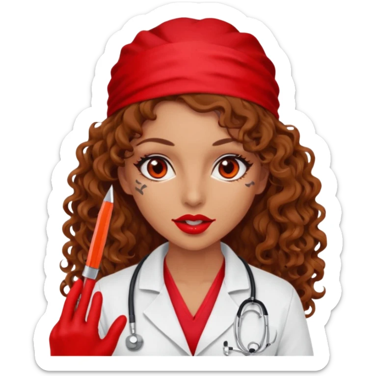 Scary woman scalpel in hand, evil surgeon sexy surgeon clothes.  She has red eyes. Her  brown long curly hair. Wears sexy doctor outfit with red gloves. Only uses red bandanna  to hide her face mouth with red bandana to hide her identity sticker