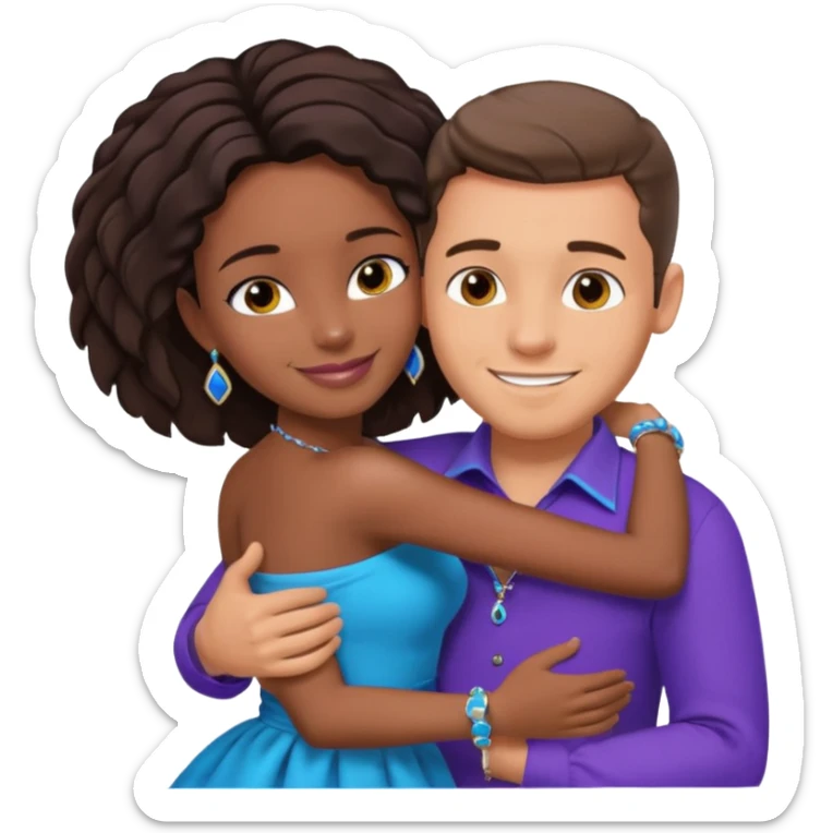 Tan brunette European male in blue shirt smiling and hugging a jet black African girl in purple strapless dress and blue jewelry sticker