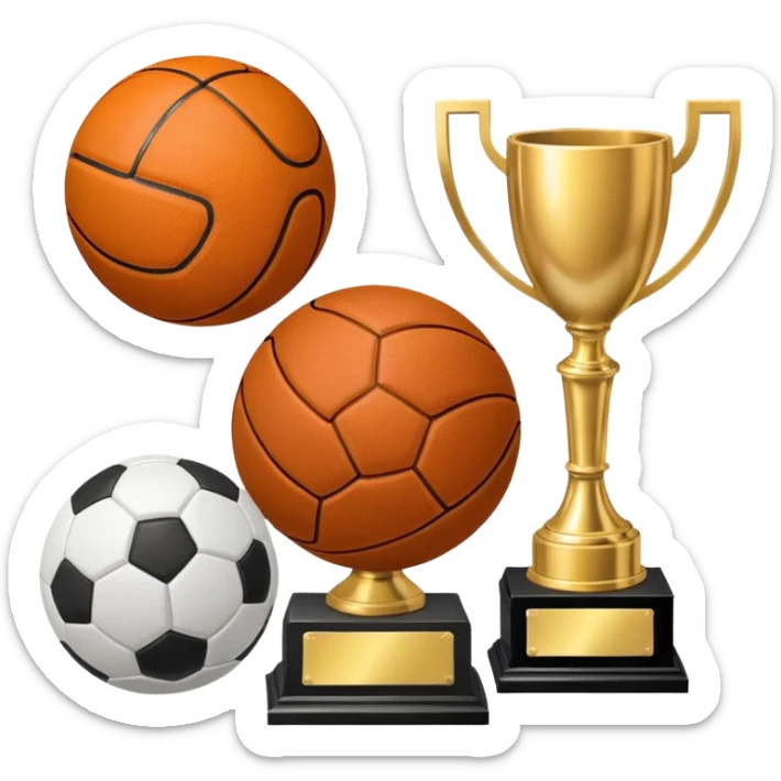 a basketball, soccer ball, volleyball, and a football all mixed with one trophy for a store logo sticker