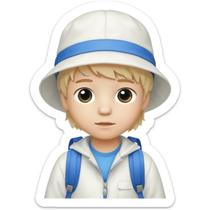 A little boy student white skin, blonde hair, with white bucket hat, white jacket, blue backpack sticker