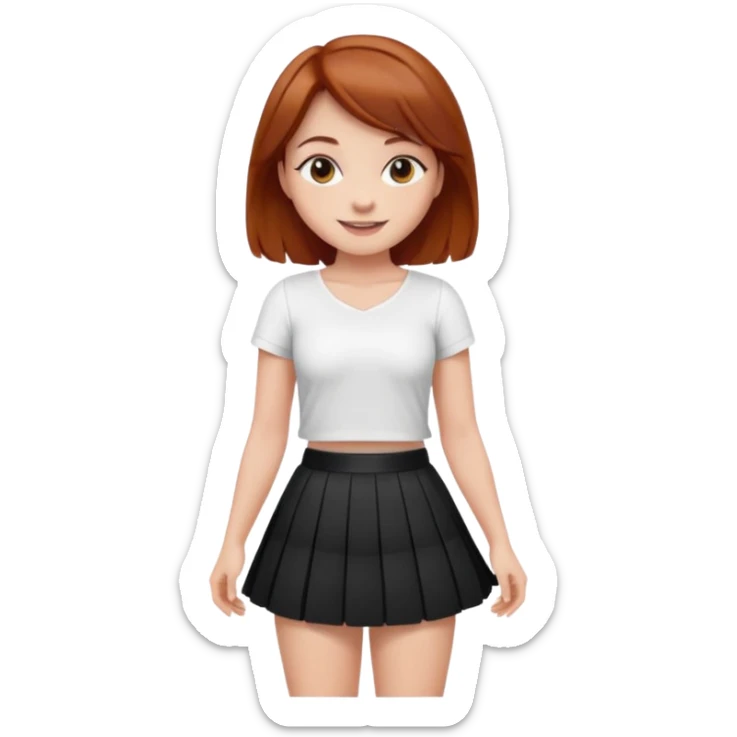 Sexy Mini skirt very short black pleated skirt.  Girl puts hand on hip.  She smiles.  Auburn hair. Very small white top sticker