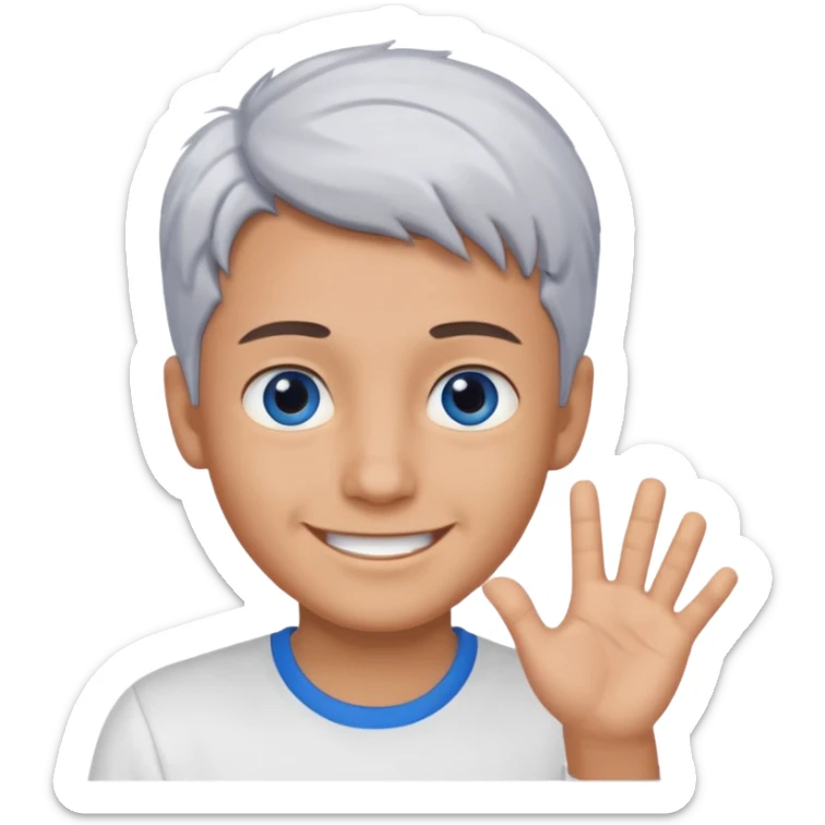 smiling boy in white shirt saying hi blue eyes and gray hair  sticker