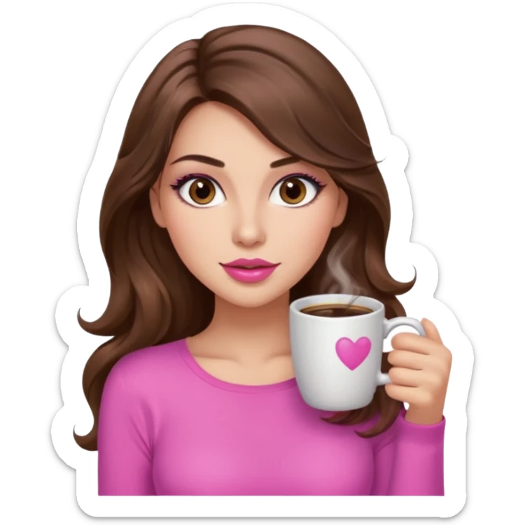girl with long wavy brown hair, brown eyes, long lashes makeup, sexy pink lips, light to medium complexion, pink sexy top, with a coffee mug sticker