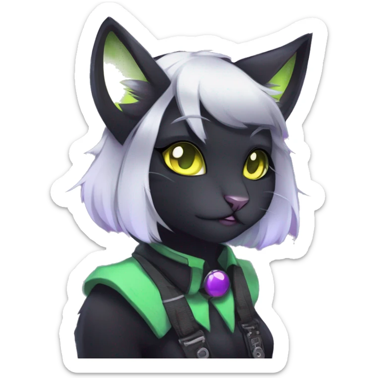 Gorgeous furry gothic dark techwear anime style anthro black cat furry sona Fakemon with blushing face yellow-green eyes with ponytail, aesthetic and pretty edgy black with violet collar and harness trending style sticker