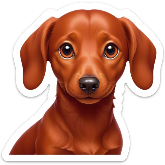 Cinematic Cute Red Dachshund Portrait Emoji, Head tilted playfully and inquisitively, featuring a glossy red coat with a sleek sheen, round, sparkling brown eyes filled with curiosity, Simplified yet irresistibly adorable features, highly detailed, glowing with a warm, friendly glow, high shine, affectionate and spirited, stylized with a touch of whimsy, bright and endearing, soft glowing outline, capturing the essence of a mischievous yet loving pup, so playful it feels like it could dash out of the screen and into your arms! sticker