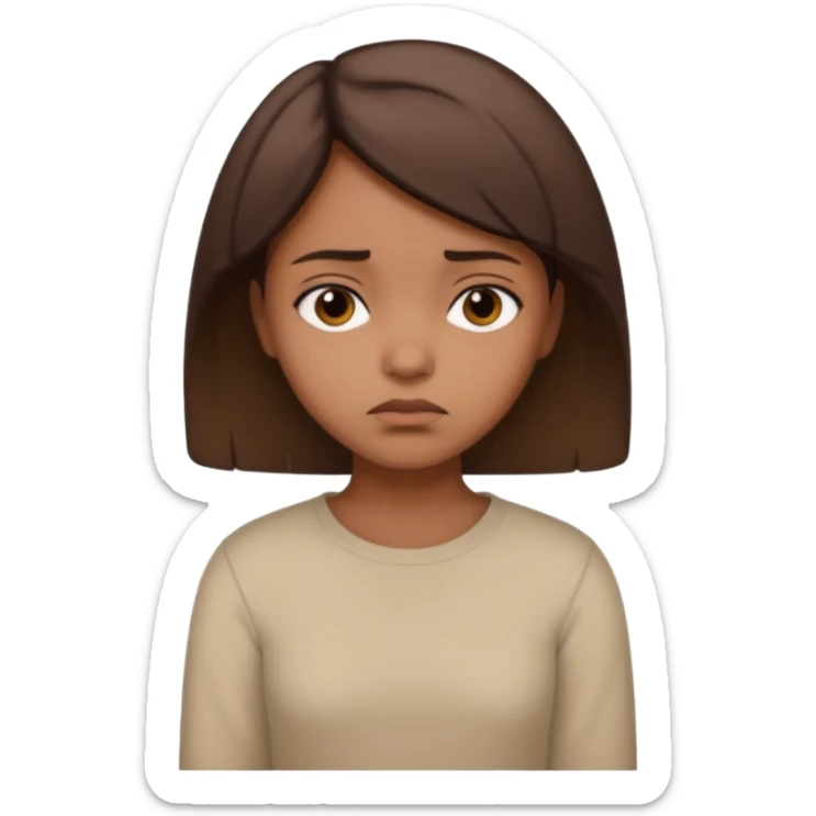 a brown girl with short brown hair wearing a beige full sleeve and looking sad sticker