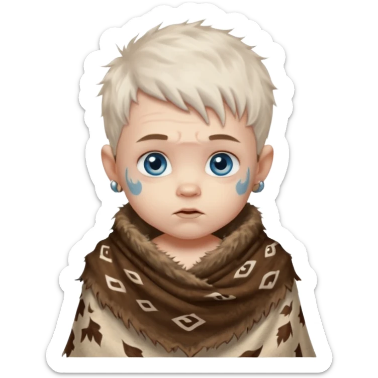 ancient hairy white baby tatooed boy, tattered animal skin shawl sticker