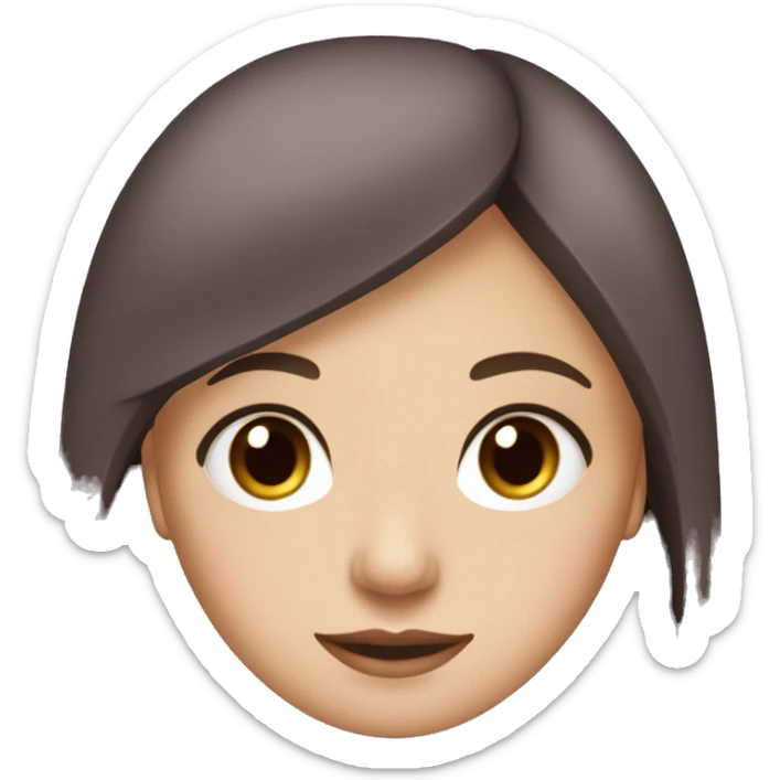 white girl with brown eyes, long straight dark brown hair, curtain bangs, and a magenta jacket sticker