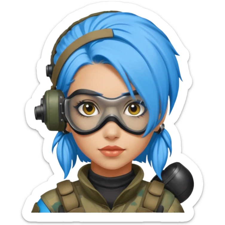 blue curly haired paintball playergirl with huge earrings, wearing paintball eye mask helmet sticker
