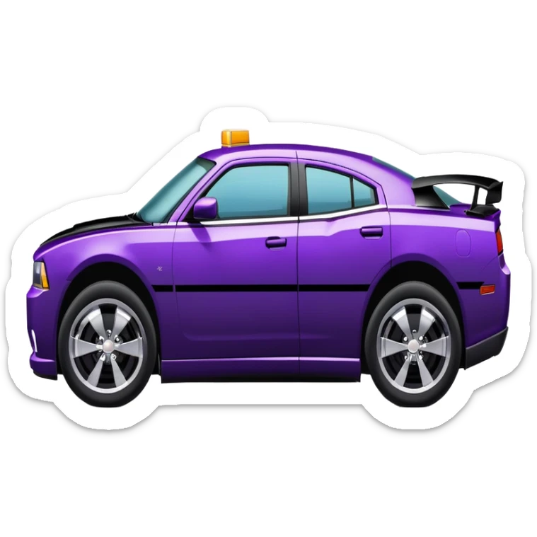 Side view of a dark purple Chevy charger with black stripes across the top  sticker