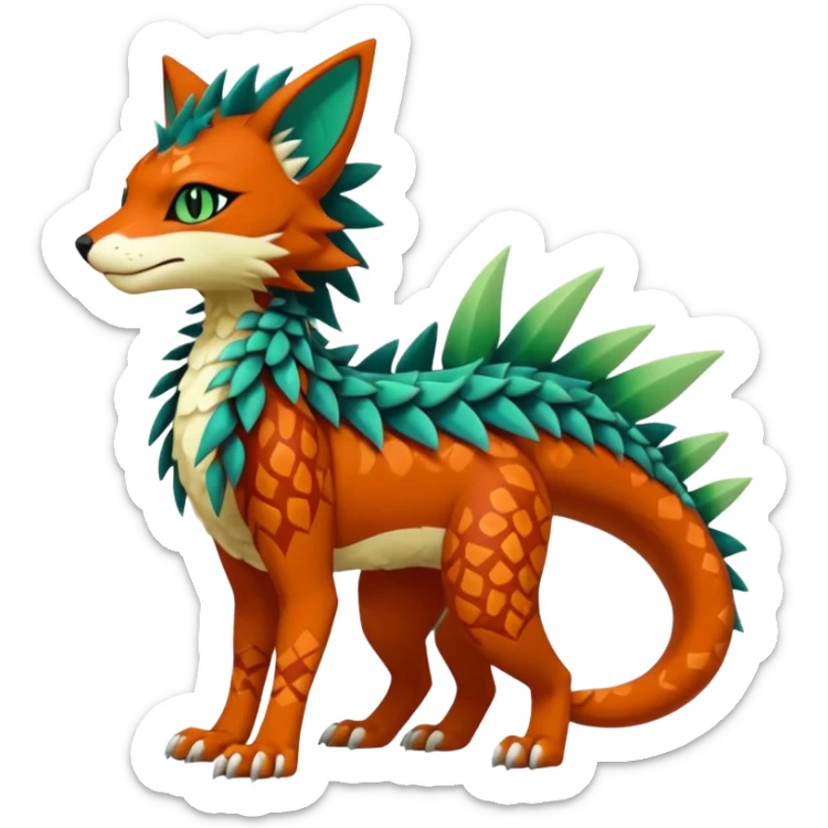 Kawaii cute reddish orangish greenish exotic tribal beautiful pretty elegant divine edgy feline-vernid-sergal-Fakémon-Pokémon-Digimon-fursona-animal-creature with accessories, jewelries, full body, with intricate detailed markings, furs, fins, scales, spiny sticker