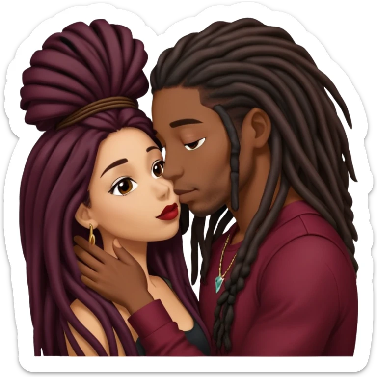 Dark Wine colored hair Latina long hair, kissing young black guy with dreads sticker