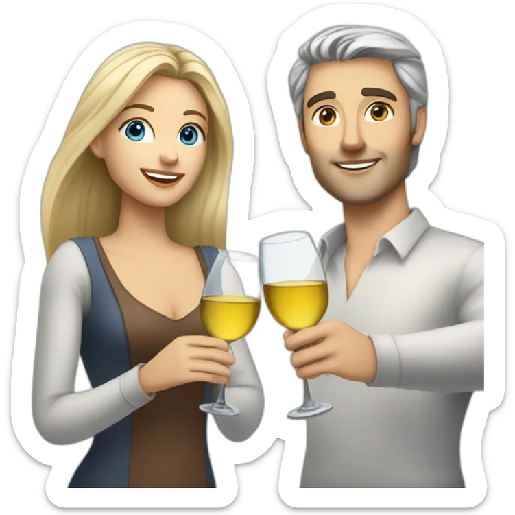caucasian woman with brown eyes and blond shoulter long hair and a caucasian man with blue eyes and grey hair, toasting with a glass of white wine sticker