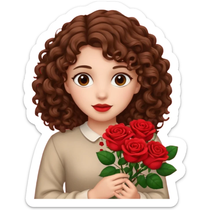 A girl with curly hair and res flowers in her hands sticker