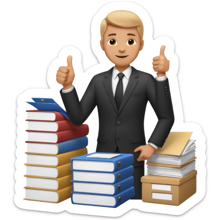 man standing on a heap of paperwork, giving a thumbs up emoji sticker