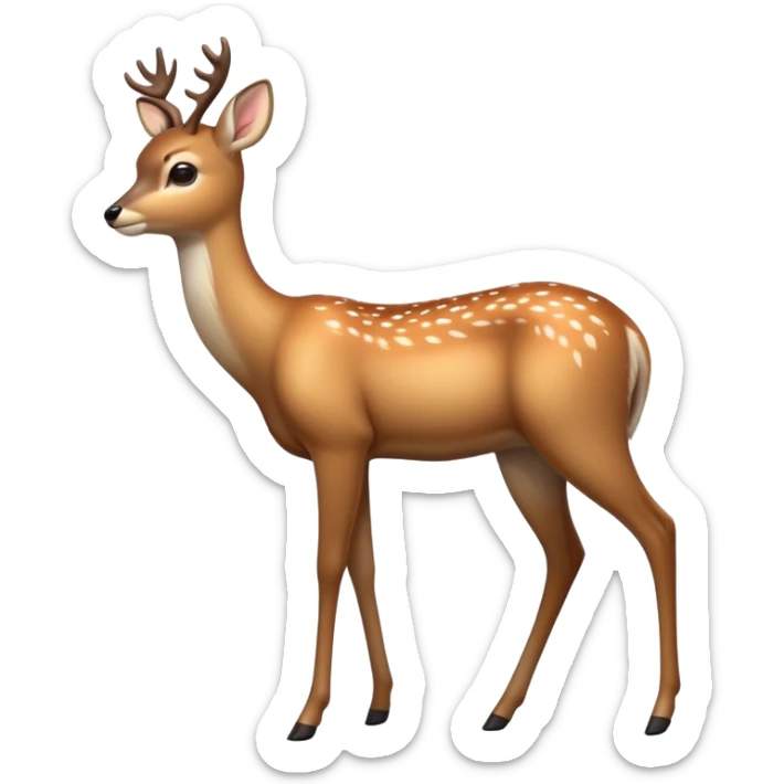 cinematic-[deer]-realistic-full-body-standing on all fours-emoji,-tail-tucked-close,-head-tilted-dramatically,-sleek-[fawn]-fur,-simplified-yet-realistic-focused-features,-highly-detailed,-glowing-with-an-almost-sarcastic-glow sticker