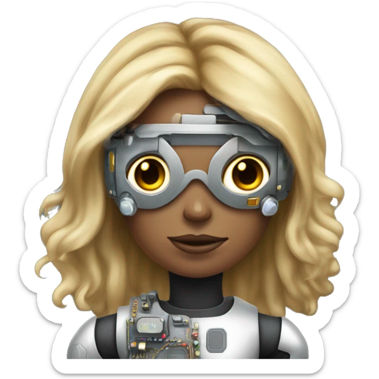 Brown long hair with blonde steaks female cyborg head, fair skin, space age goggles and circuits sticker