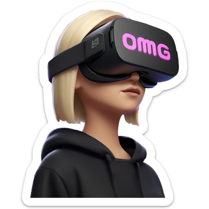 Russian girl wearing black hoody with violet letters "OMG", in vr headset oculus quest2. Standing like jedi. Cyberpunk style. Violet neon. sticker