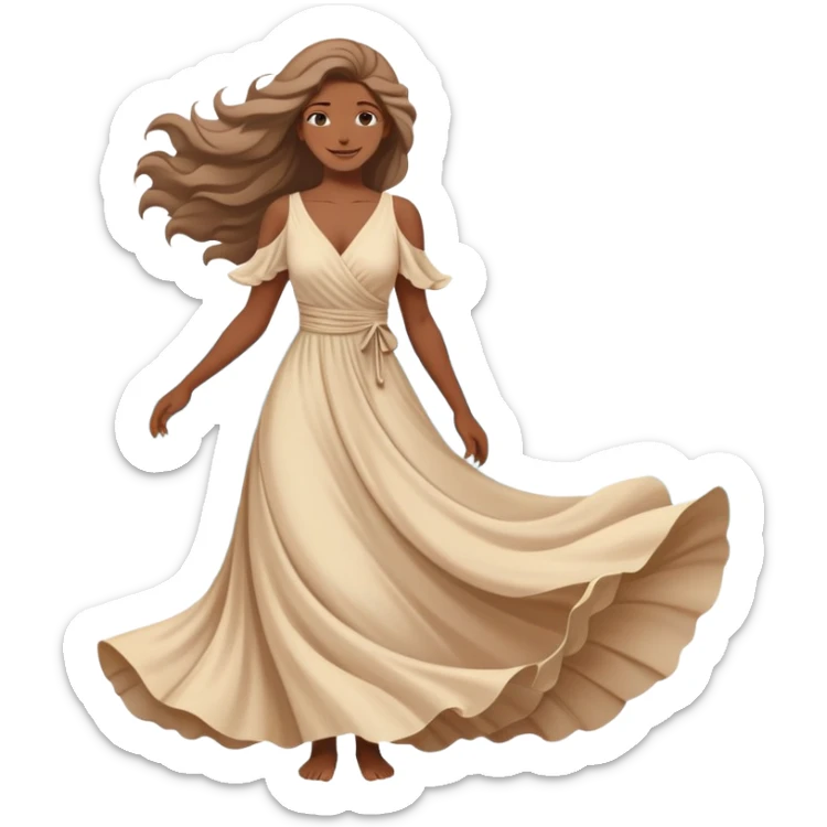 A woman in a flowing dress by the ocean, wind in her hair, a serene and confident smile. sticker