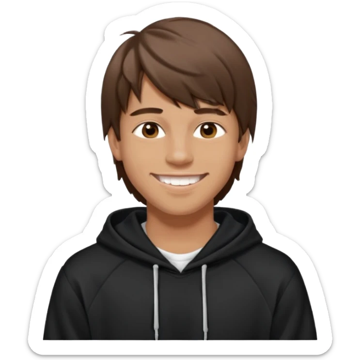 20 yr old man, brown hair, straight, big smile, white teeth, tanned skin, bangs, black hooded sweatshirt, long hair in back sticker