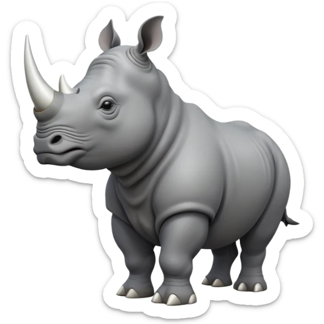 cinematic-rhino-full-body-standing-emoji,white horn, slate grey skin -massive-body-poised-powerfully,-thick-horn-curving-slightly-forward,-head-tilted-dramatically,-rough-grey-hide-covered-in-dust,-simplified-focused-features, sticker