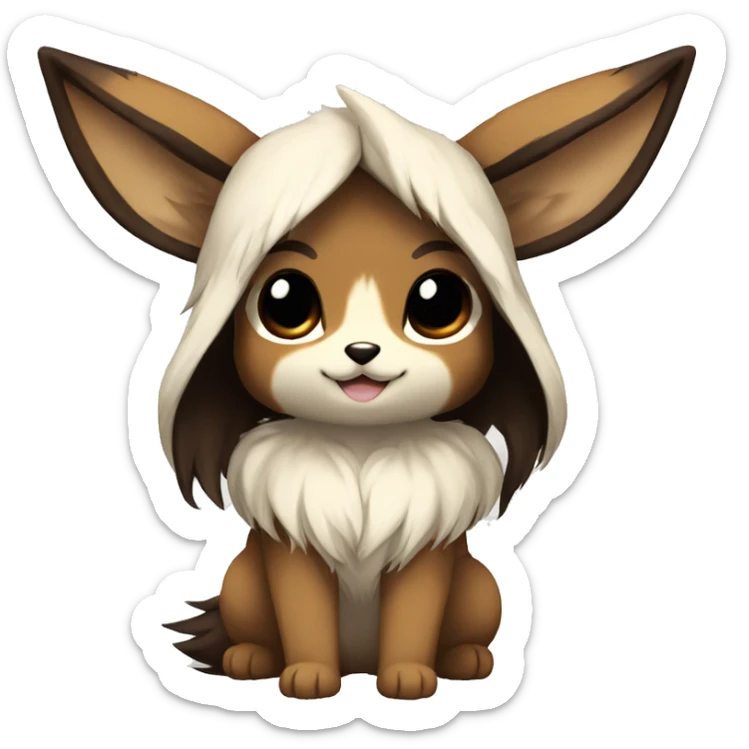 Kawaii Pale Shiny Eevee with dark brown long emo hair covering her eyes Full Body sticker