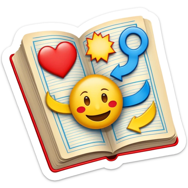 Create a vibrant emoji for comic books and graphic novels as an art form. The design should feature a large, open comic book with vintage comic panels on the pages. Include a pencil (without a hand) gently writing text or sketching on the pages. The comic panels should have bold lines and retro-style artwork with classic comic book visuals. Use bright, energetic colors like red, yellow, and blue to evoke excitement and creativity. The overall design should feel dynamic, vintage, and artistic. Make the background transparent. sticker