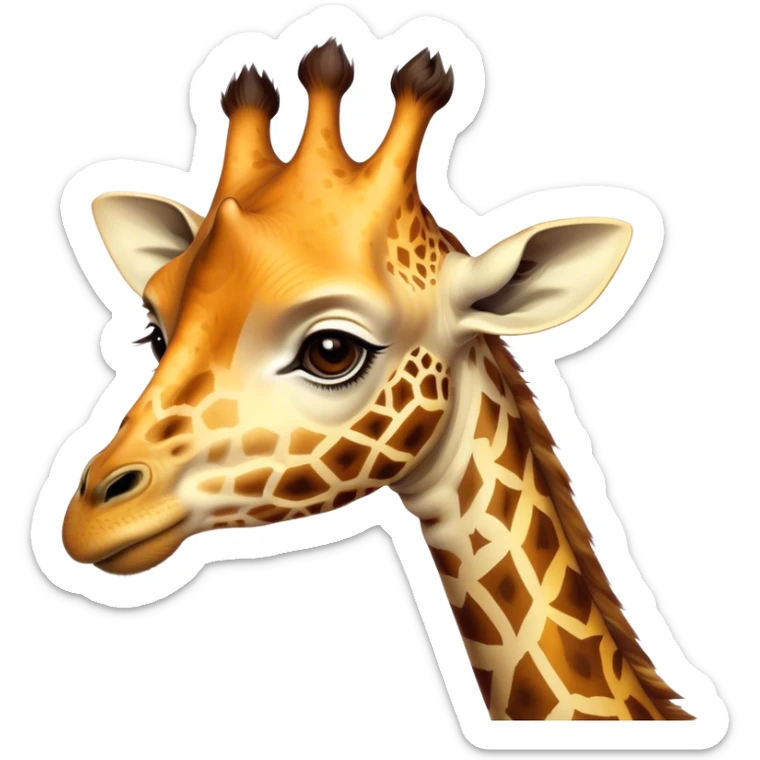 Cinematic Noble Giraffe Portrait Emoji, Poised and regal, with a towering, elegant build and a stunning, patterned Fur of warm yellows and browns, long, graceful neck and soulful, gentle eyes, Simplified yet sharp and sophisticated features, highly detailed, glowing with a soft, dignified glow, high shine, intelligent and graceful, stylized with an air of savannah majesty, focused and attentive, soft glowing outline, capturing the essence of a watchful and confident giant, so majestic it feels as though it could stretch out of the screen with effortless authority! sticker