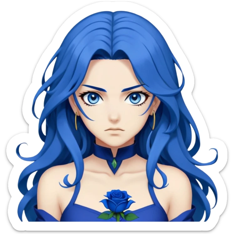 head portrait of anime girl with long dark blue hair, blue rose in hair, bright blue eyes, dramatic JoJo's Bizarre Adventure style, bold outlines, intense expression sticker