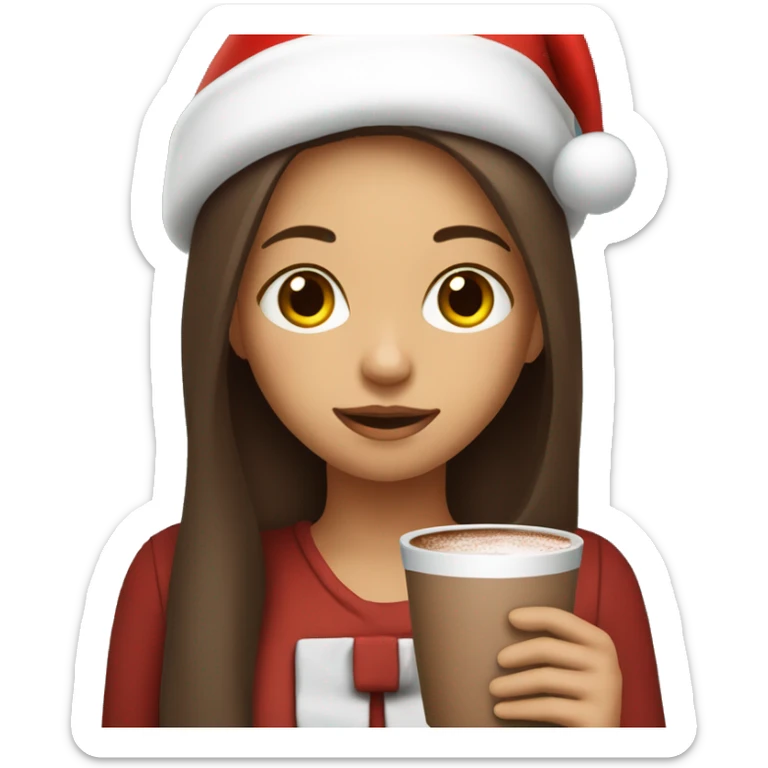 Girl with brown straight long hair, with santa hat and holding a cup of hot chocolate sticker