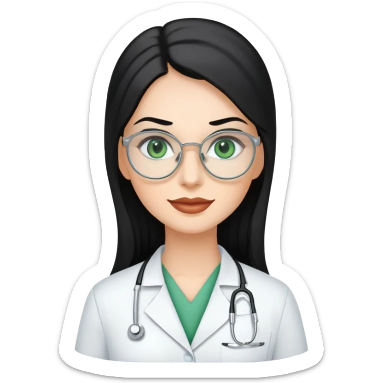 Woman with long, Black hair, Silver Glasses and with green eyes as a dentist sticker