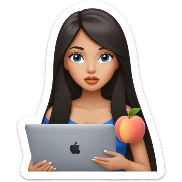 Glamours, tanned, very beautiful girl, with big pump peach lips, almost black straight smooth silky long hair, straight parting, blue-grey eyes with MacBook sticker