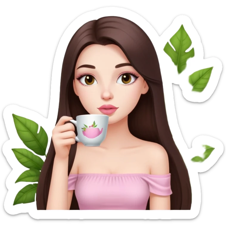 exotic pale girl, very full lips, long straight brunette hair, long lashes, pastel pink tube top, sipping tea  sticker