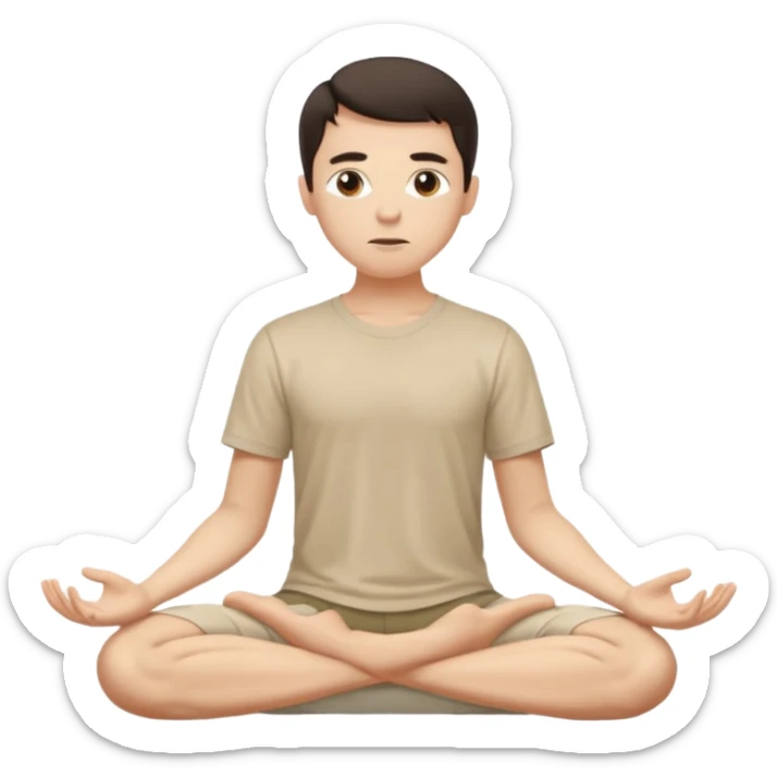 rapaz magro cabelo escuro, camiseta bege e  bermuda bege escuro, corpo inteiro meditan sticker