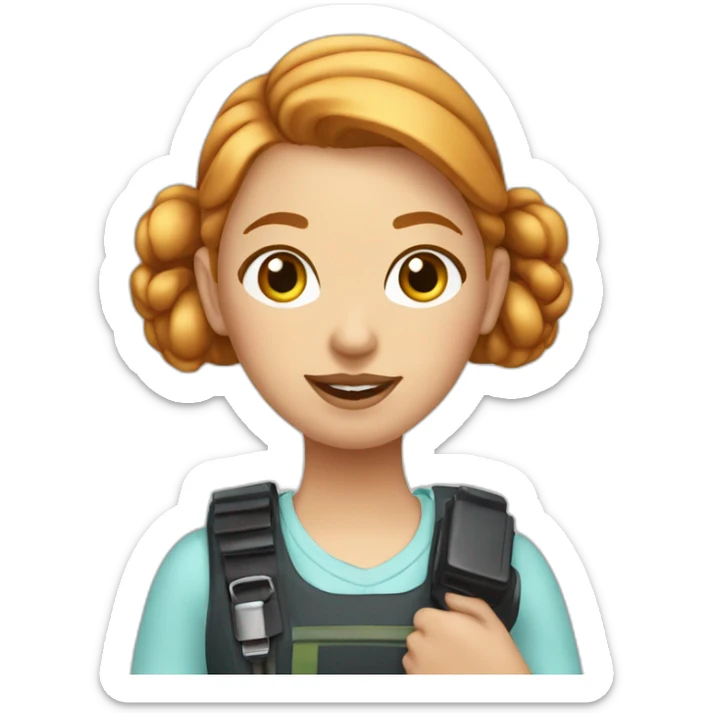 girl with her strawberry blonde hair in a bun and a walkie talkie sticker
