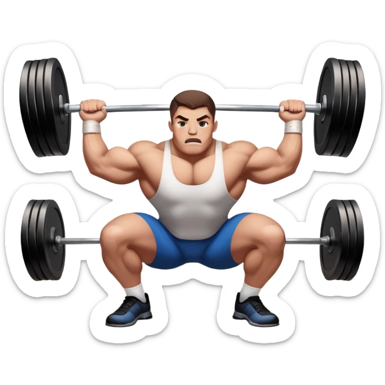 Powerlifter lifting a heavy barbell in a dramatic display of strength, muscles flexing under the pressure. The focus is on the lifter's intense effort and the heavy weights on each side. The background features a gym with weights and equipment, emphasizing the raw power of the sport.  sticker