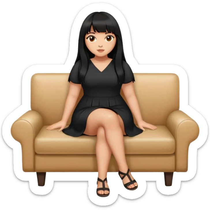 Latina girl with bangs black long hair plus size with black dress and crossed legs sticker