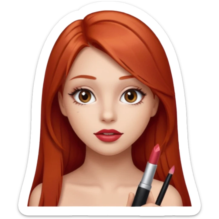 una chica con pose divertida de 18 años con los labios con pintalabios nude y los ojos maquillados, de piel blanca con el pelo liso, largo y pelirrojo, ojos marrones sticker